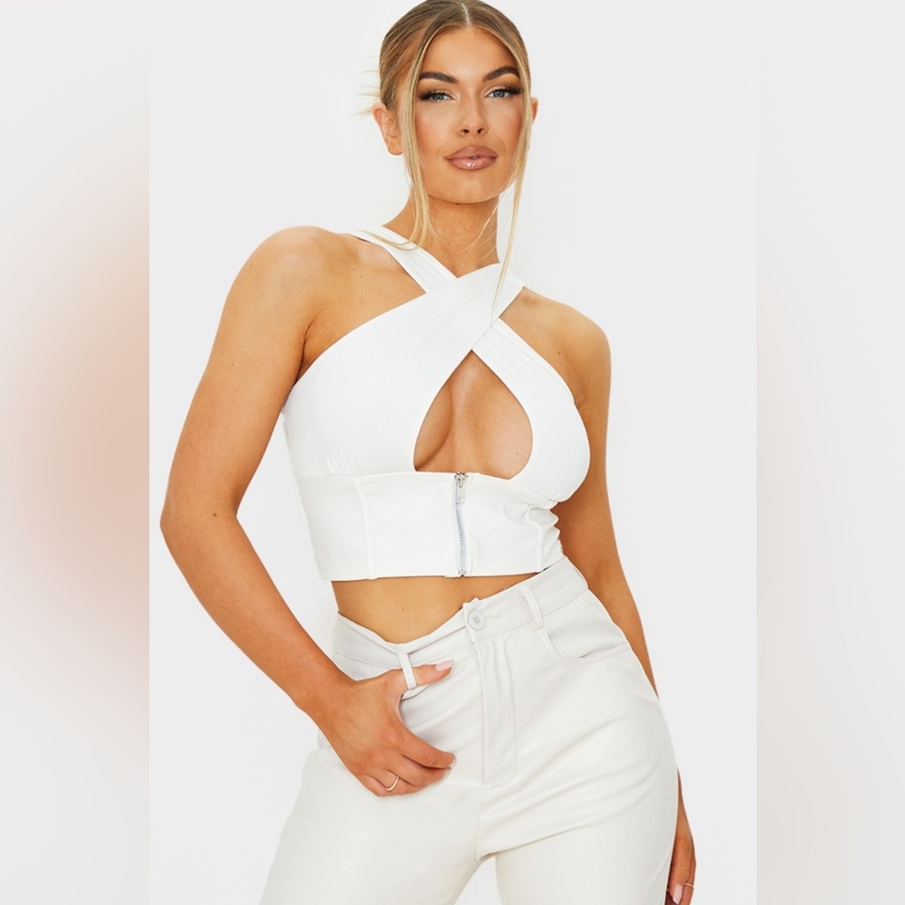 WHITE PU UNDERBUST HALTERNECK CROP TOP